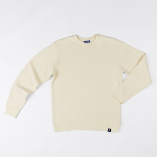 Avelamer Cazneau Crew sweatshirt in Mainsail off-white with a blue Avelamer Sausalito, California woven neck label and A-flag hem label. 