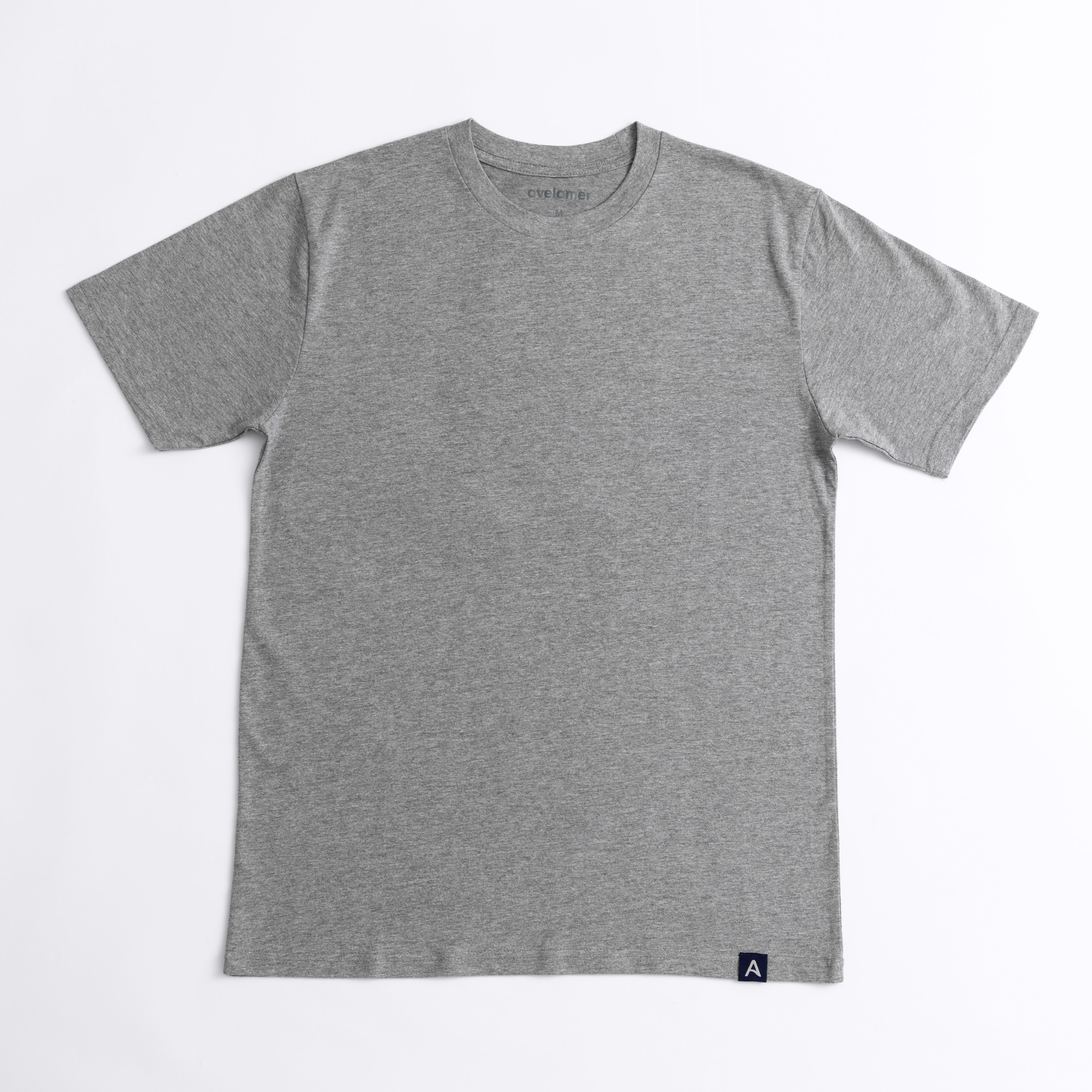 Avelamer Ebbtide Tee in Morning Fog heather gray with printed neck label and blue A-flag logo woven hem label