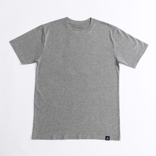 Avelamer Ebbtide Tee in Morning Fog heather gray with printed neck label and blue A-flag logo woven hem label