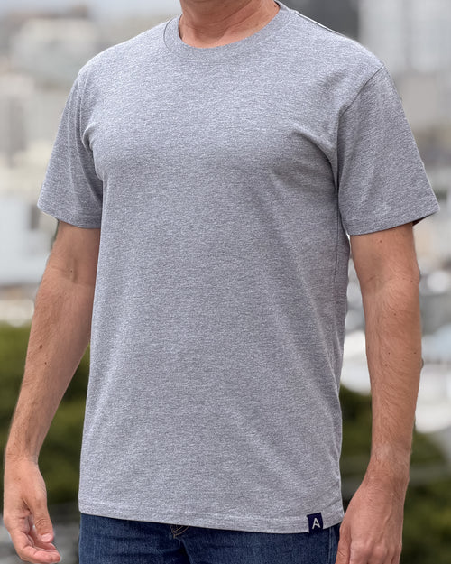 Person wearing a heather gray t-shirt with an A-flag brand logo in an outdoor setting