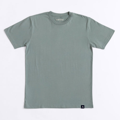 Avelamer Ebbtide Tee in Shallow Bay blue-green with printed neck label and blue A-flag logo woven hem label