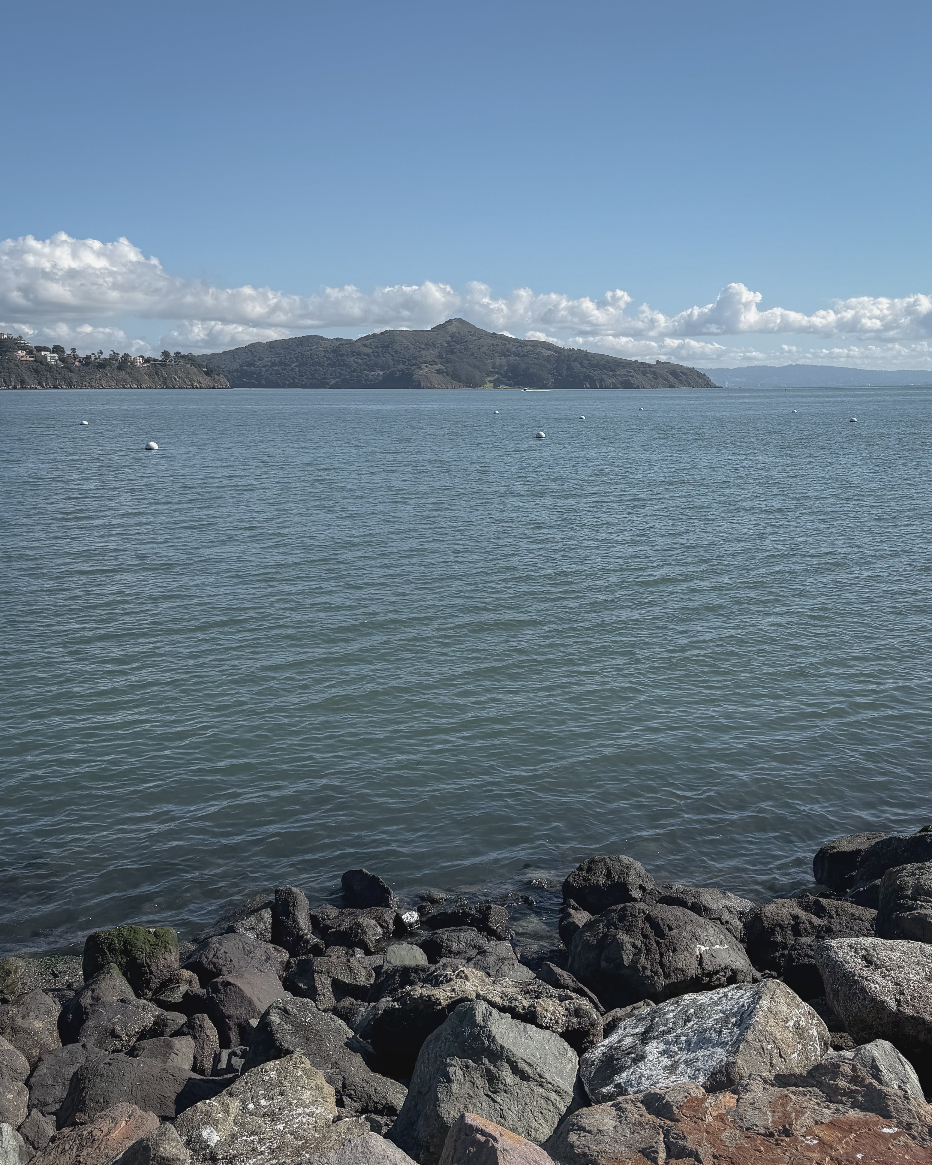 Rocks by the bay in Sausalito with Angel Island in the distance under a blue sky and clouds as part of the Avelamer brand world.