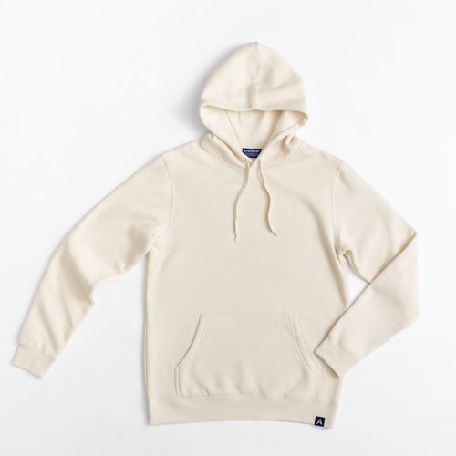 Avelamer Sausalito Hoodie in Mainsail off-white with a blue woven branded neck label and A-flag logo hem label against a white background